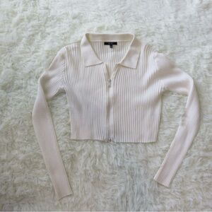 Cream Ribbed long sleeve Crop Top polo